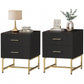 Nightstand Set of 2 with Fluted Drawers and Gold Legs - Black