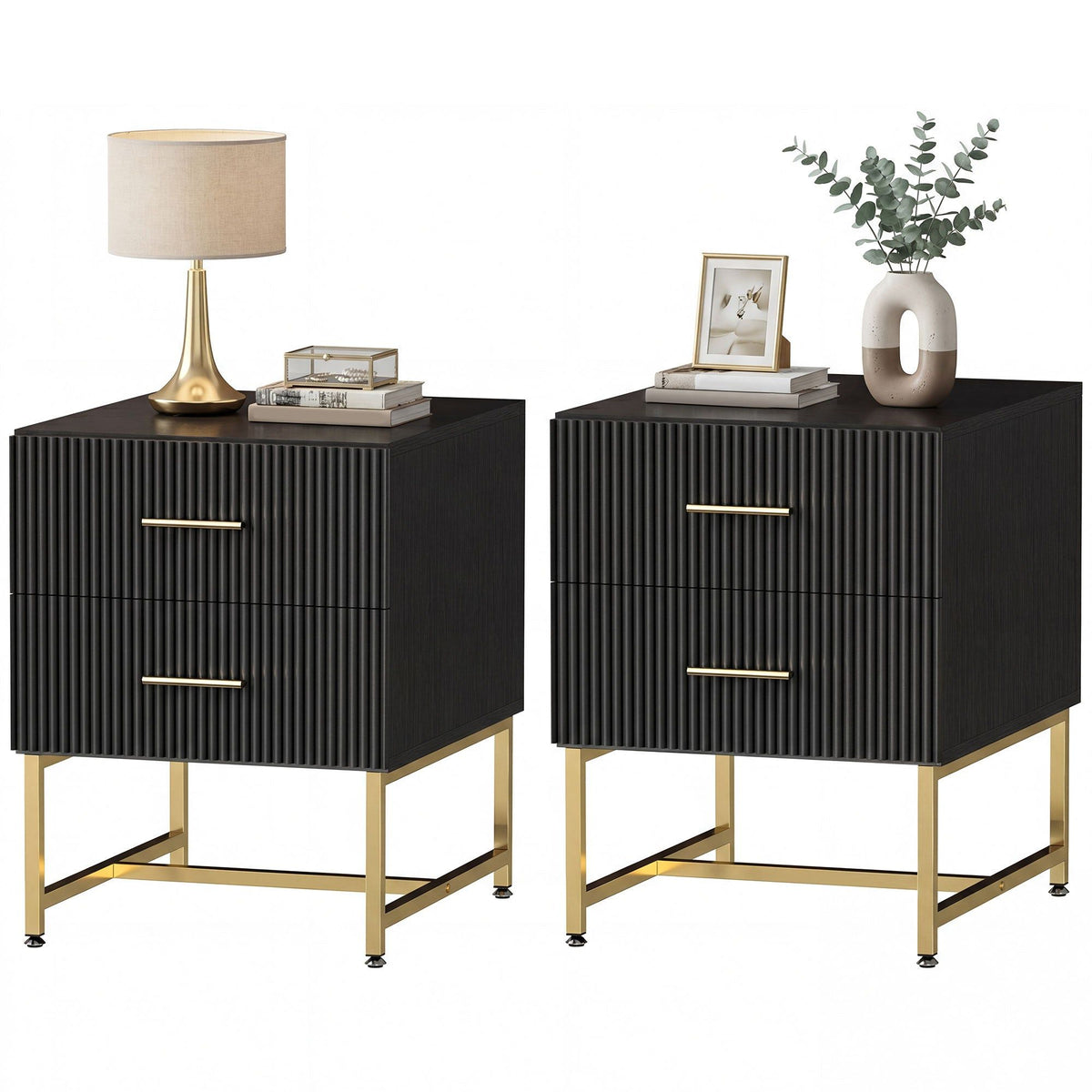 Nightstand Set of 2 with Fluted Drawers and Gold Legs - Black