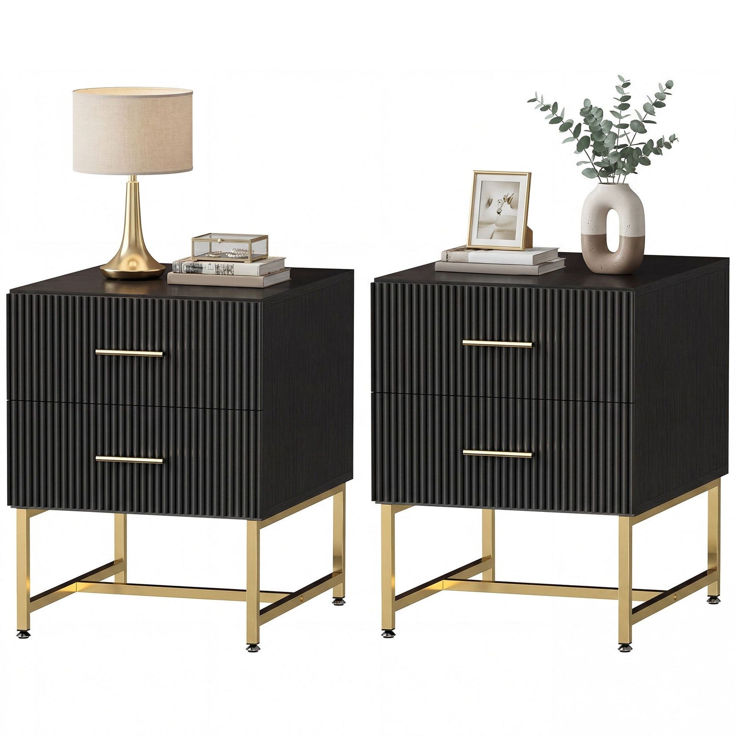 Nightstand Set of 2 with Fluted Drawers and Gold Legs - Black