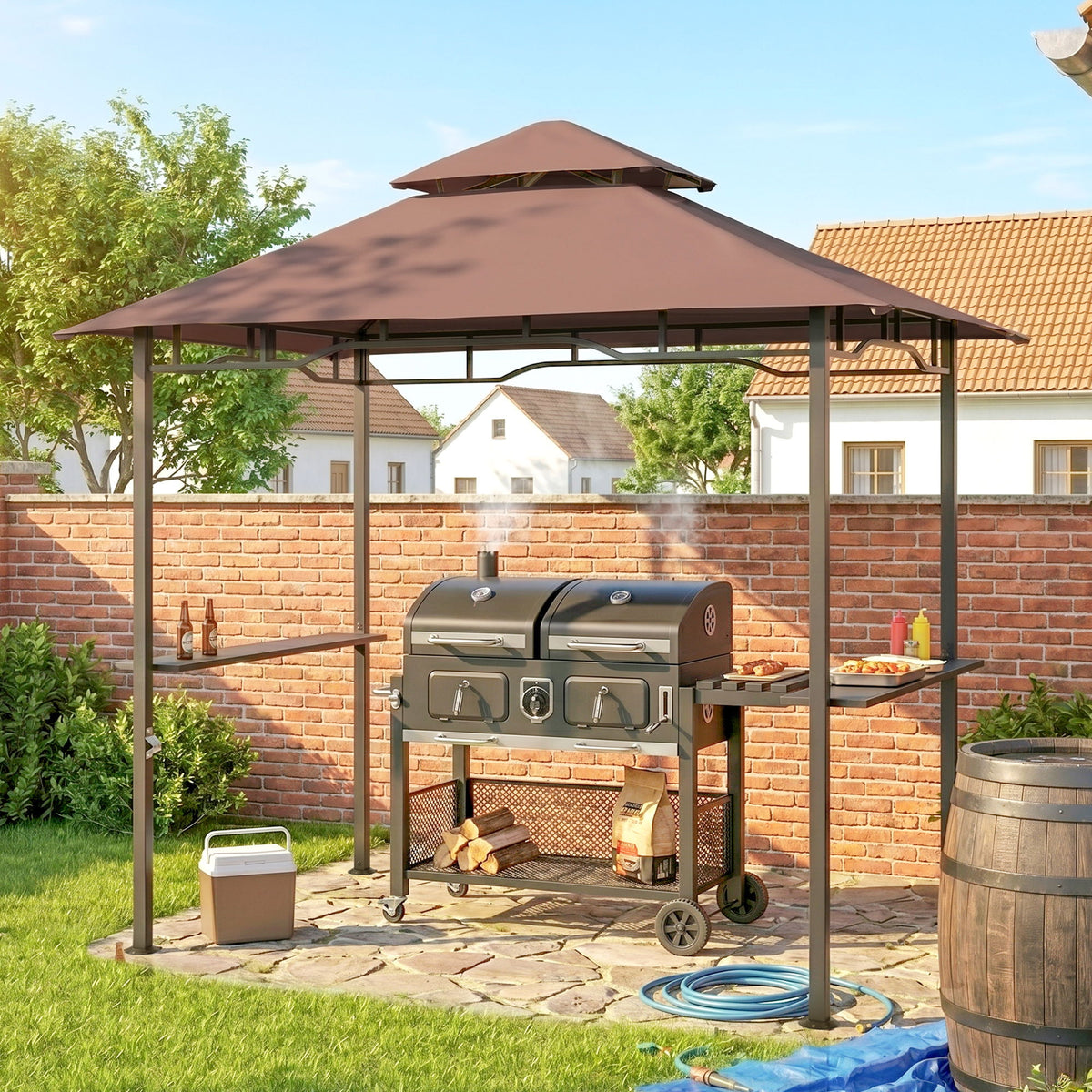 8' x 5' BBQ Grill Gazebo Tent with Double Tiered Canopy for Outdoor Sun Shade, Coffee