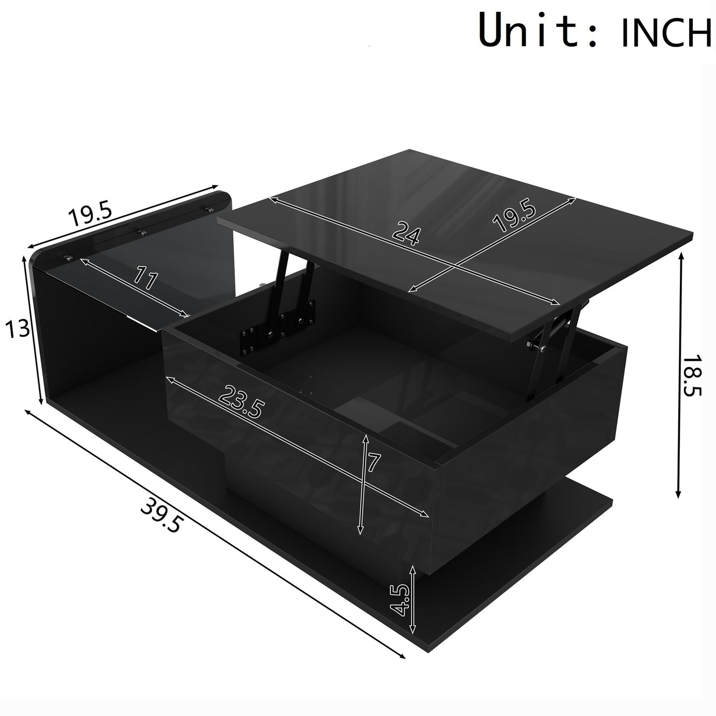 High-Gloss Coffee Table with Tempered Glass Top and LED Light Strip, Adjustable Height, Easy to Install, 39.5" L x 19.5" W x 13" H, Black