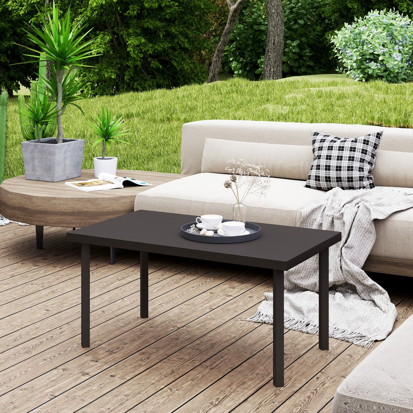 Metal Outdoor Side Table, Rectangle Patio Coffee Table with Woodgrain Tabletop for Outside Garden, Brown