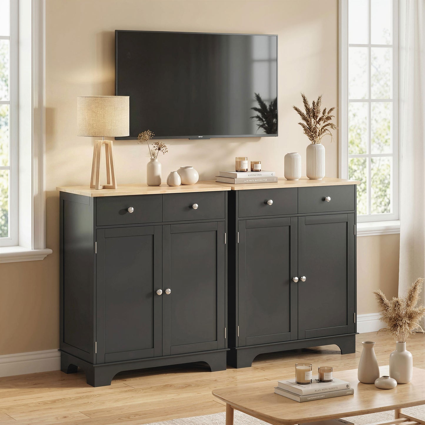 Sideboard Buffet Cabinet with Storage, 27" Kitchen Cabinet with Adjustable Shelf, 2 Drawers and 2 Doors, Coffee Bar Cabinet with Rubberwood Tabletop, Black