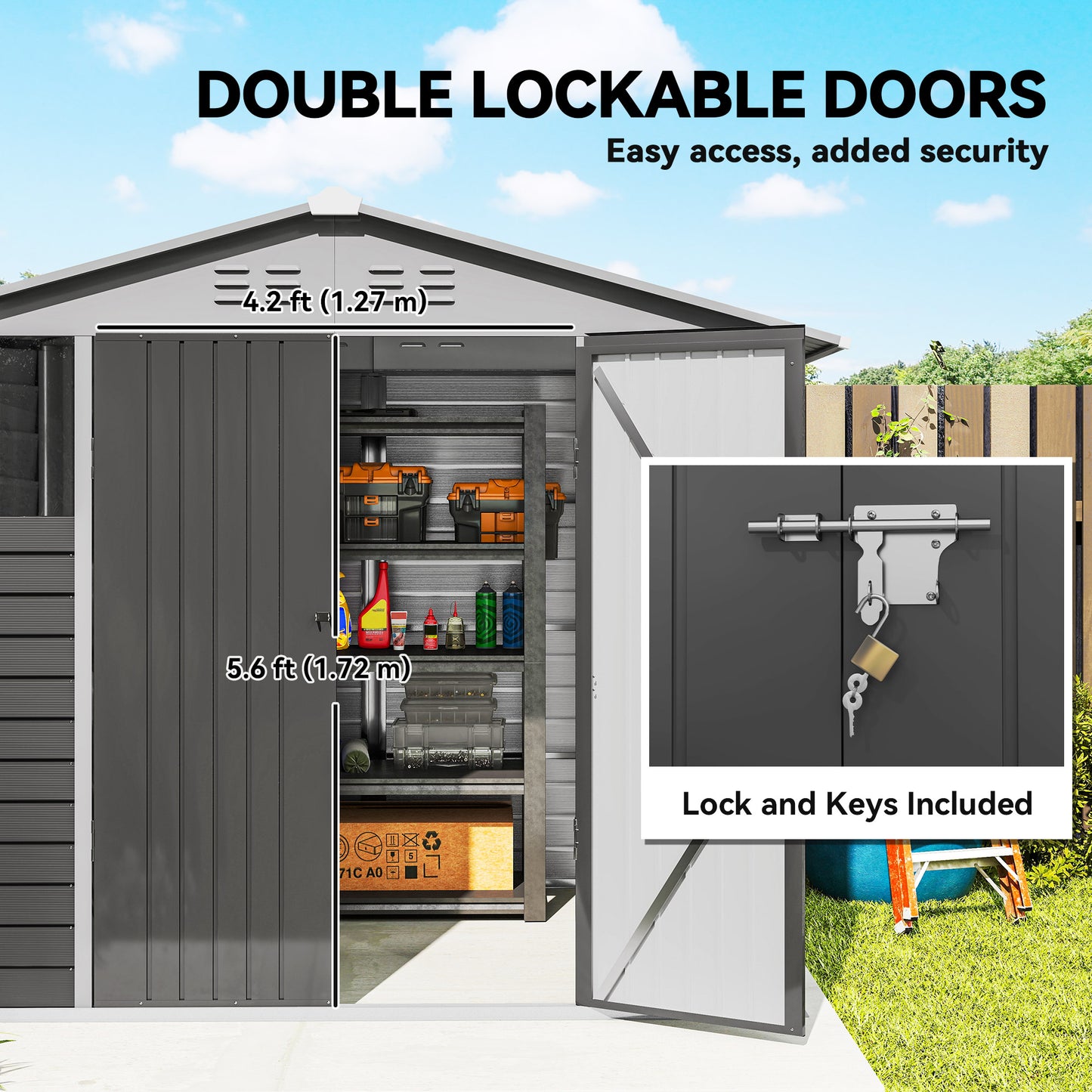 8' x 6' Outdoor Storage Shed, Metal Garden Shed with 2 Windows, 4 Vents, Lockable Doors and Gloves, Dark Grey