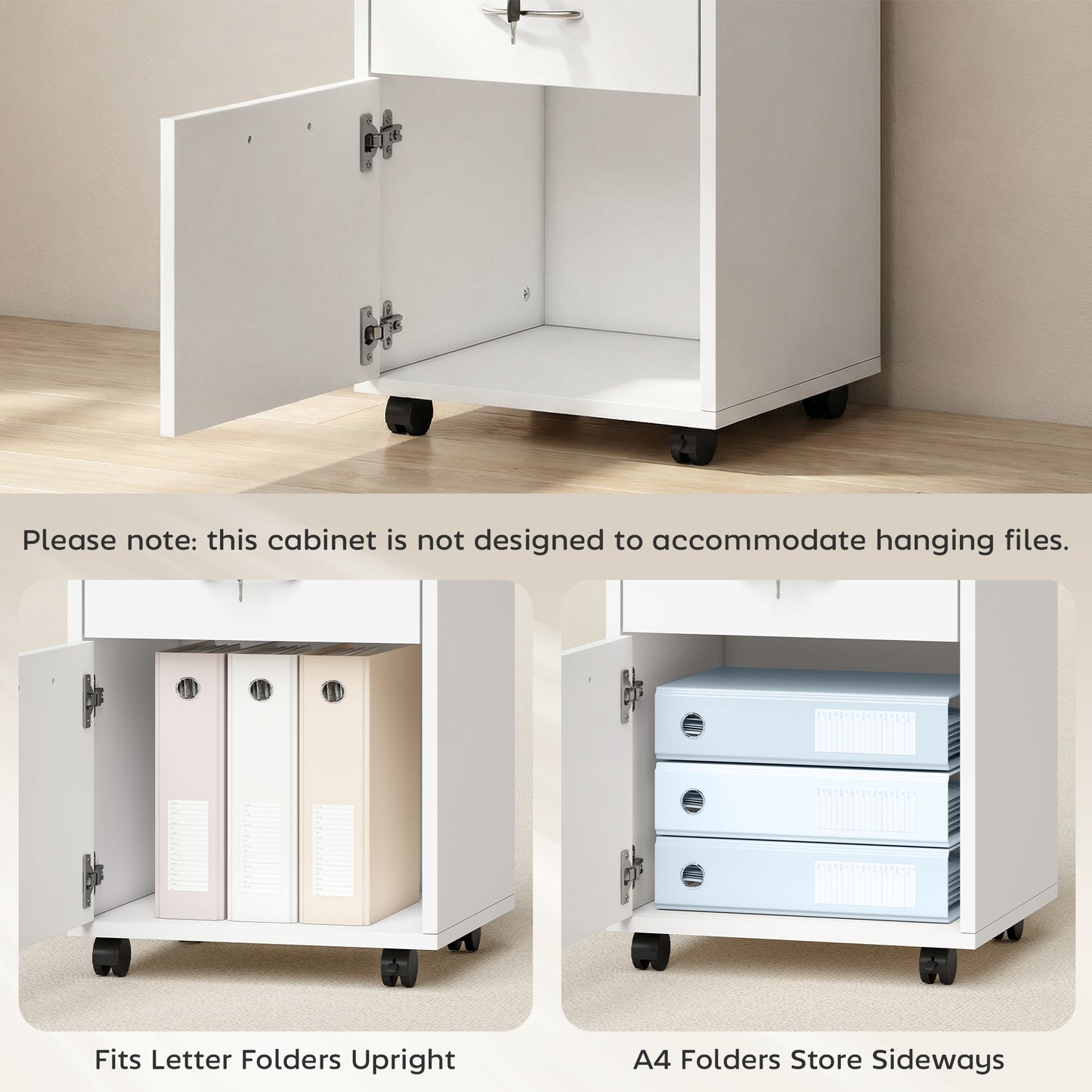 24" Vertical Filing Cabinet with Lockable Drawer, Mobile File Cabinet with 2 Keys, Wheels for Home Office, White