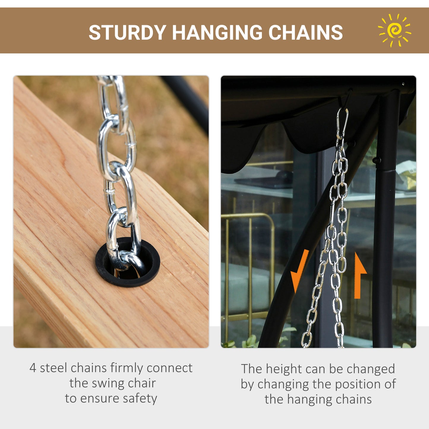 3 Seater Patio Swing Chair Wood Porch Swing with Foldable Table, Cup Holders, Steel Chains for Garden, Yard, Natural