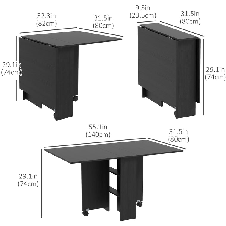 Foldable Drop-Leaf Dining Table with Storage Shelves - Black