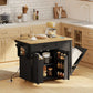 Kitchen Island Cart, Portable Kitchen Island Table with Charging Station, Rubber Wood Drop Leaf, Trash Storage, Black