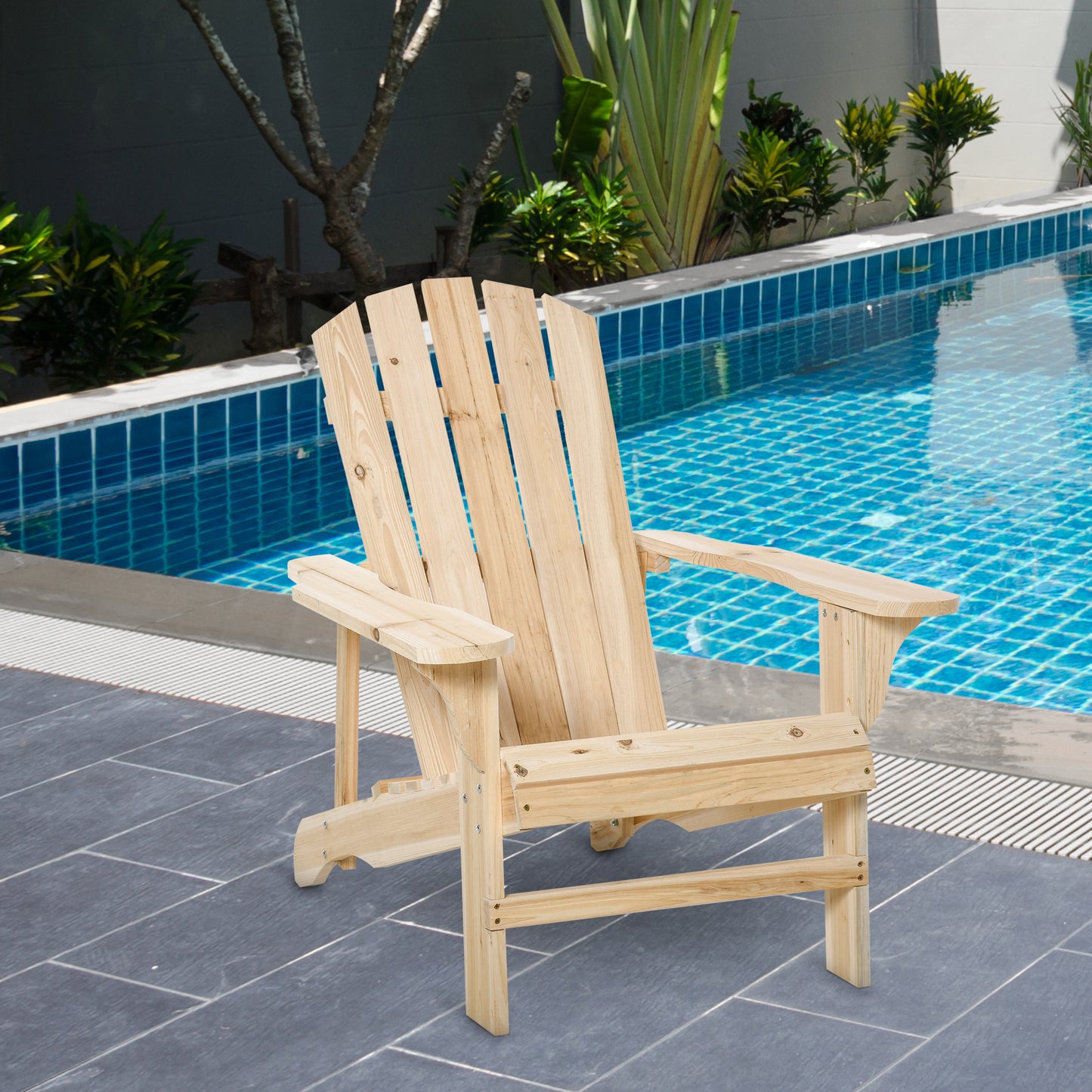 Wood Adirondack Chair, Outdoor Patio Muskoka Chair with Slatted Design for Deck, Garden, Backyard, Fire Pit, Natural