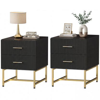 Set of 2 Nightstands with Fluted Drawers and Gold Legs - Black