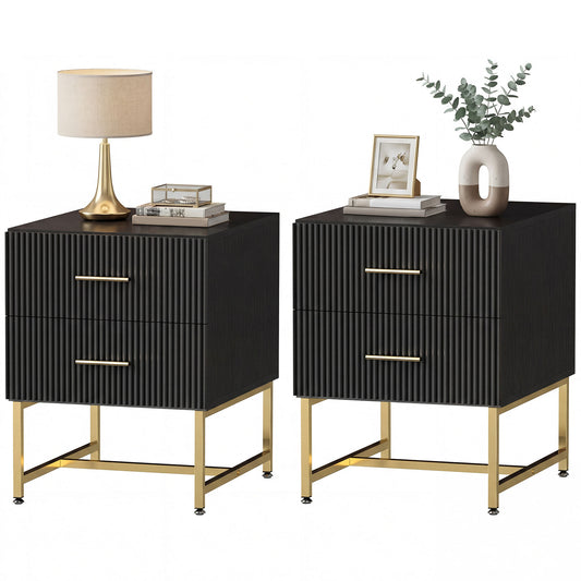 Set of 2 Nightstands with Fluted Drawers and Gold Legs - Black