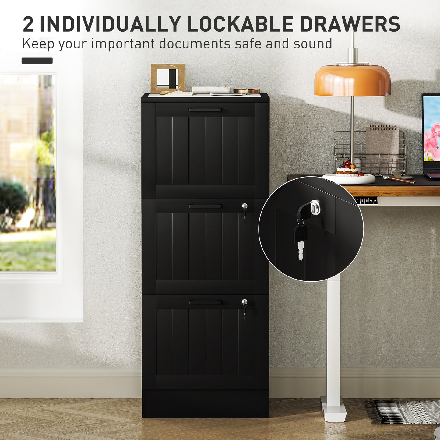 3 Drawer Filing Cabinet with Lock, Office Storage Cabinet with Adjustable Hanging Bars for A4 Letter Size Files, Black