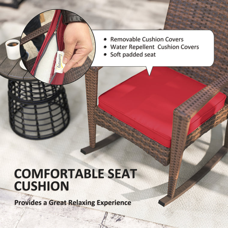 PE Rattan Glider Rocking Chair with Armrest - Wine Red