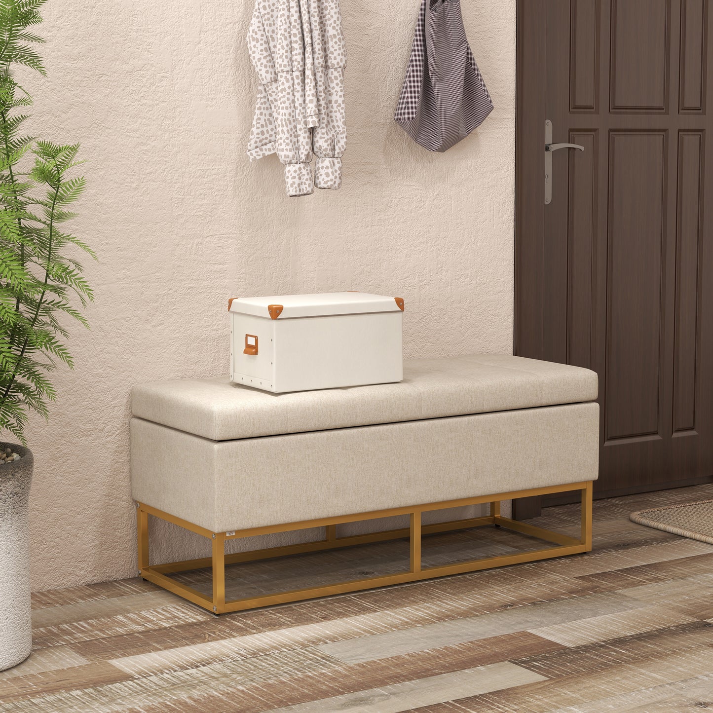 Storage Ottoman with Flip Top, Upholstered Storage Bench, Linen Fabric Footstool with Steel Legs for Living Room, Bedroom, Beige