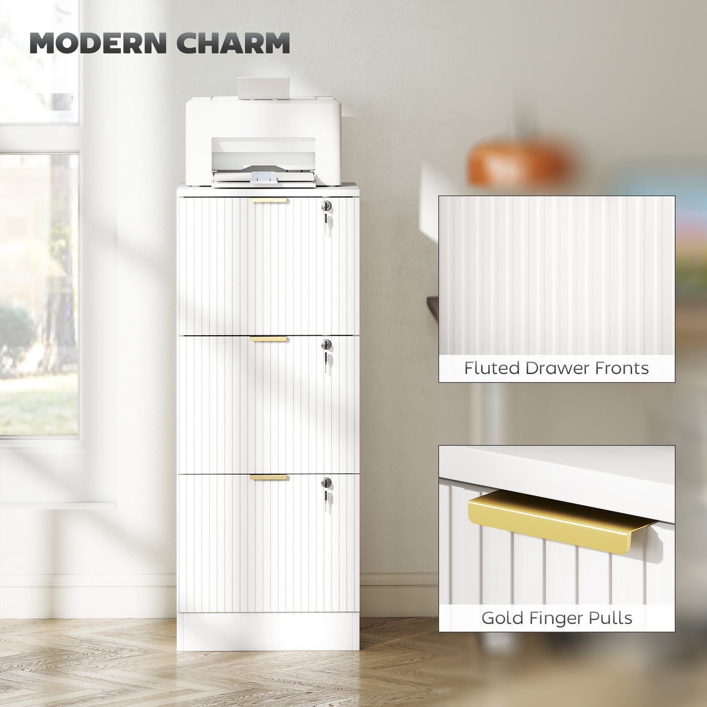 Lockable Filing Cabinet with 3 Fluted Drawers, File Cabinet with Adjustable Hanging Rails for A4 Letter Files, White