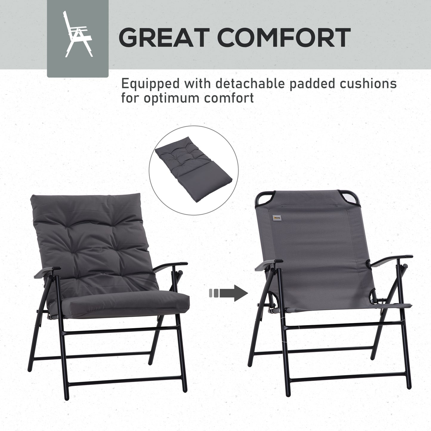 Set of 2 Outdoor Folding Chairs with Adjustable Backrest, Padded Camping Chairs for Outdoor Events, Grey