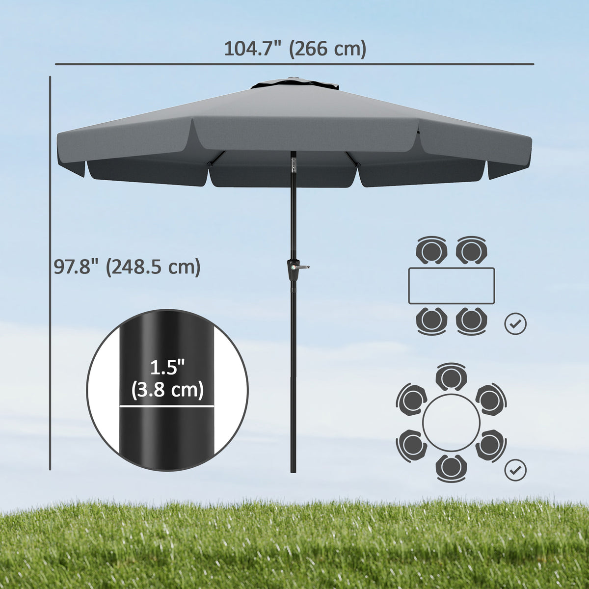 8.5 ft Outdoor Market Table Umbrella, Round Patio Umbrella with Tilt and Crank for Garden, Backyard, Deck, Dark Grey