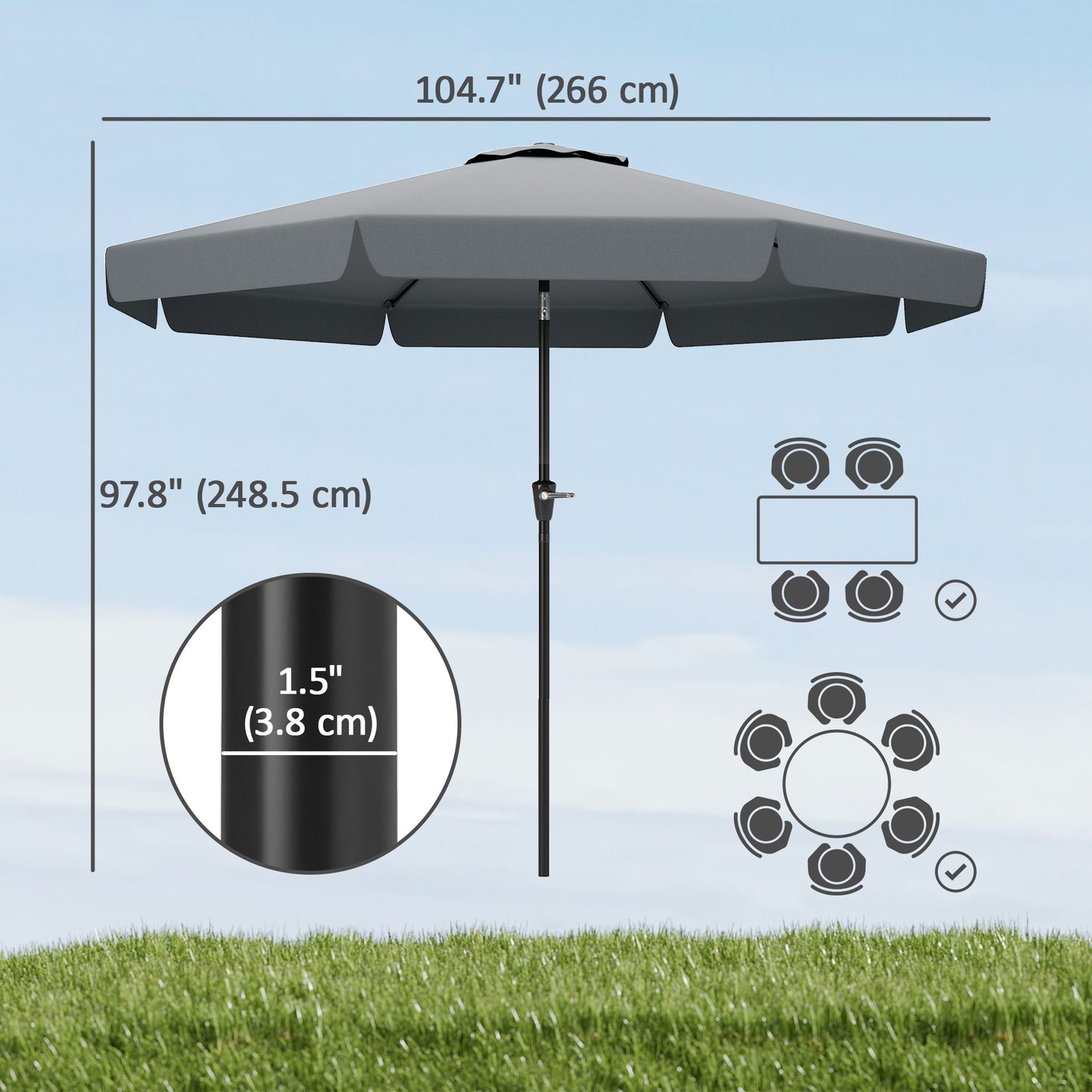 8.5 ft Outdoor Market Table Umbrella, Round Patio Umbrella with Tilt and Crank for Garden, Backyard, Deck, Dark Grey