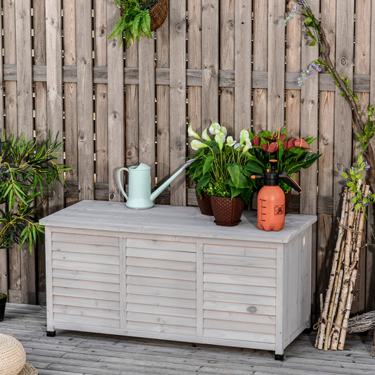 75 Gallon Wooden Storage Box patio Deck Box Bench, Garden Backyard Outdoor Storage Container with Aerating Gap & Weather-Fighting Finish, Grey