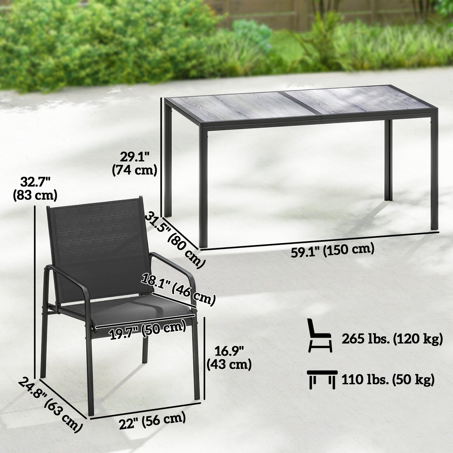 Outdoor Dining Set for 6, Faux Wood Patio Table and Chairs with Breathable Mesh Seat, Galvanized Steel Frame, Black