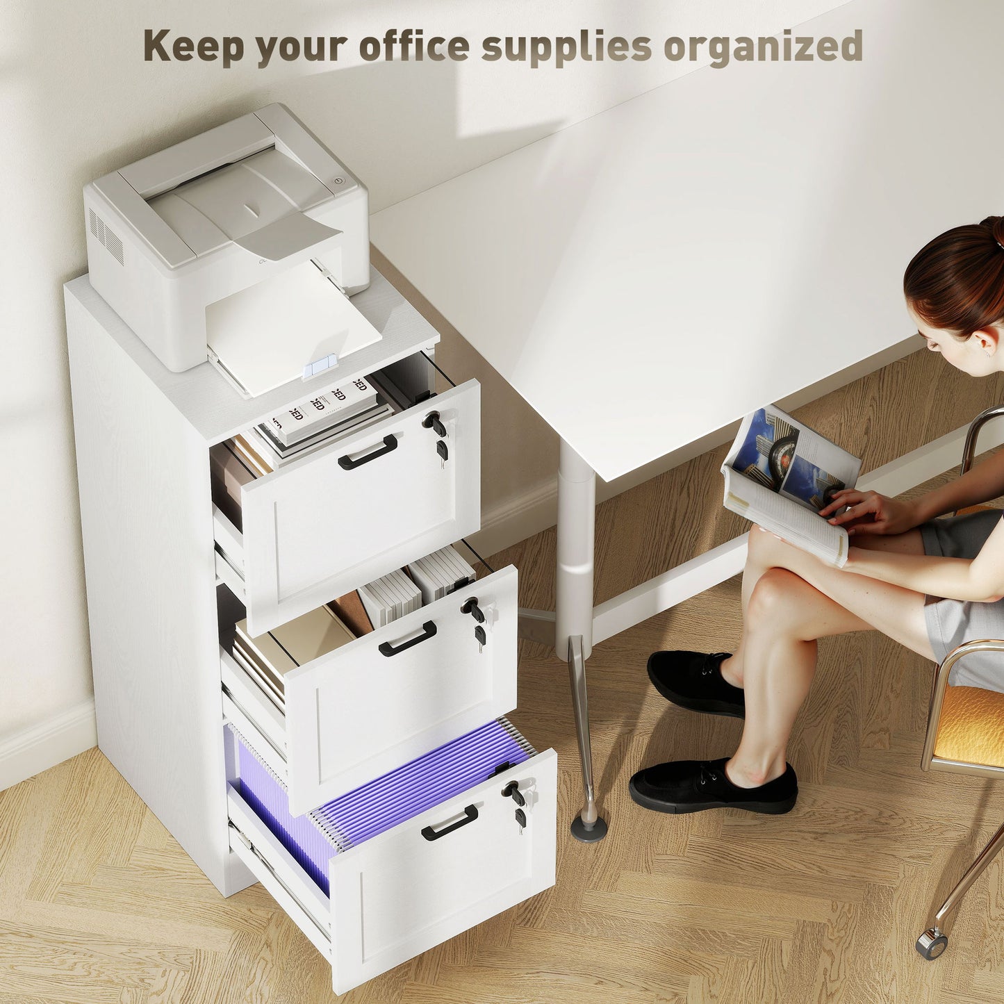 Vertical Filing Cabinet with 3 Drawers, Lock, File Cabinet for Home Office, A4 and Letter Size Files, White