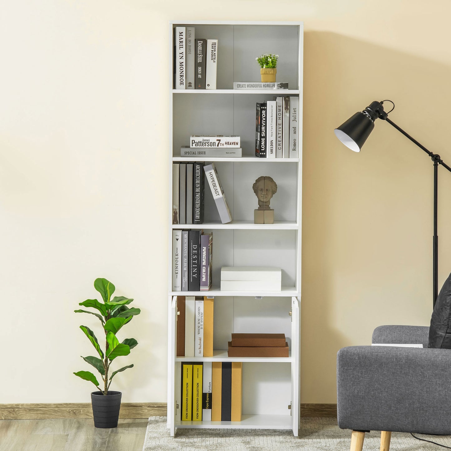 4-Tier Open Bookshelf with Doors Modern Home Office Bookcase Storage Cabinet for Living Room Bathroom Study, White