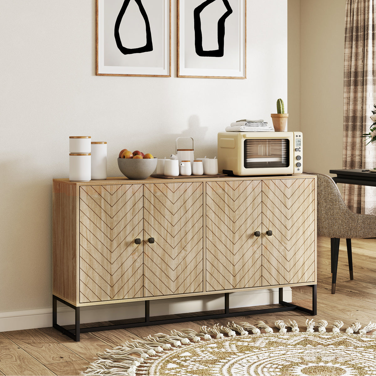 Sideboard Buffet Cabinet with 2 Adjustable Shelves and Steel Base, TV Stand, Coffee Bar Cabinet for Living Room, Oak