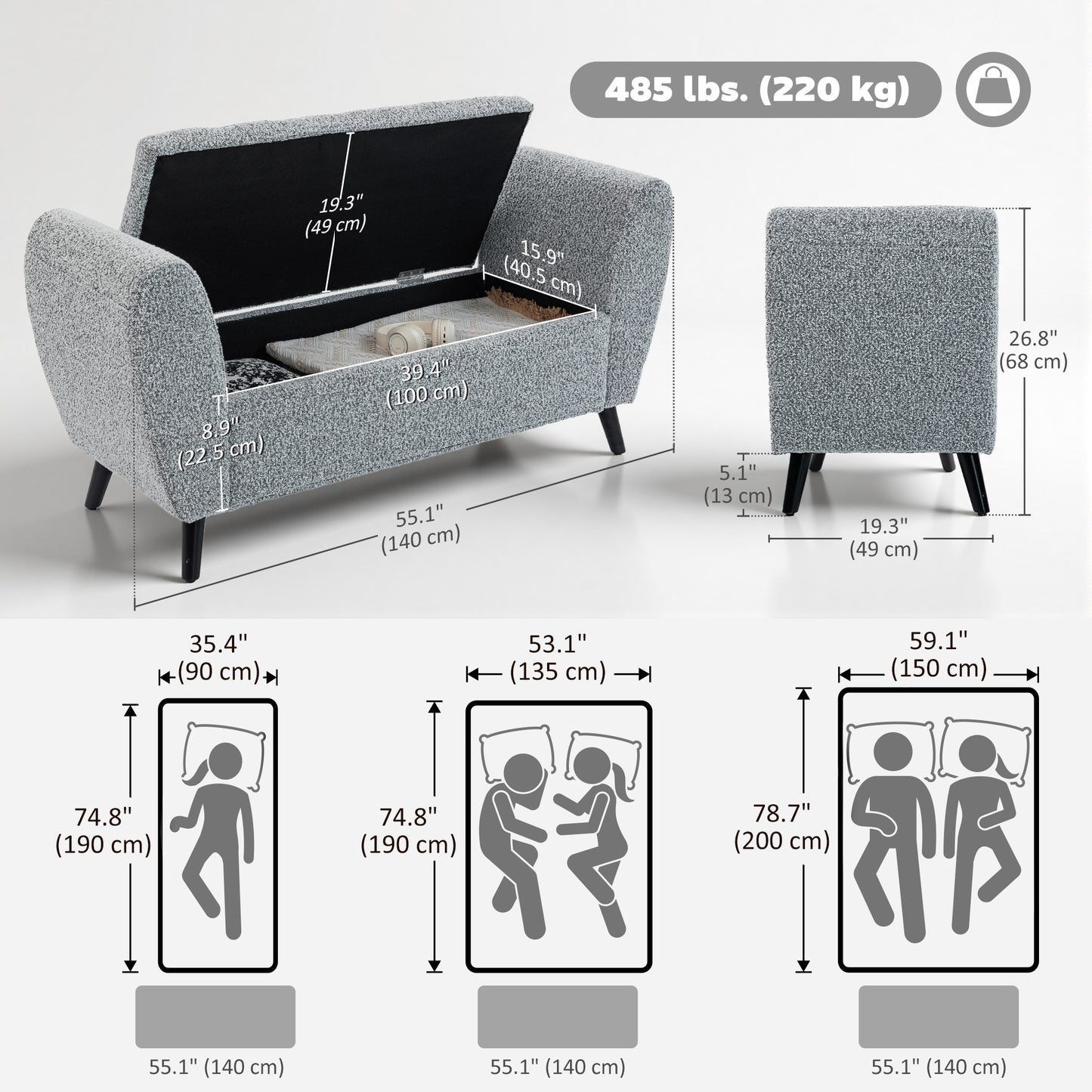 Upholstered Storage Bench with Arms, Modern Ottoman Bench for Bedroom, Entryway, and Living Room, Grey