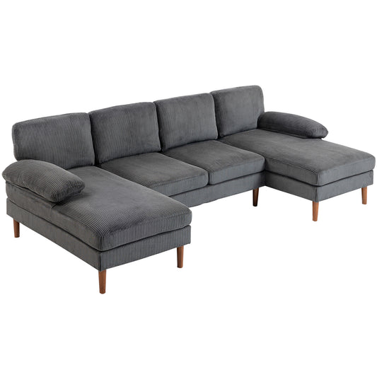 U Shape Couch with Double Chaise Lounge, Modern 4 Seater Sofa with Wooden Legs, Fabric Sofa for Living Room - Dark Grey