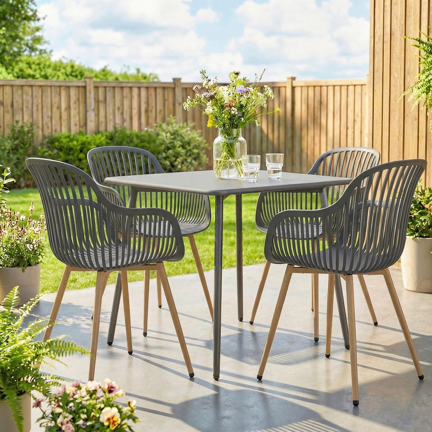 Outdoor Dining Chairs Set of 4, Patio Chairs with Slotted Backrest, Grey