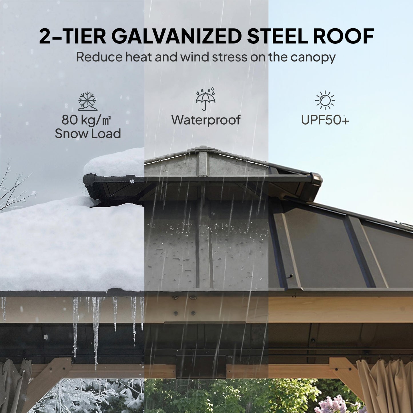 10 x 10 Hardtop Gazebo with Curtains, Wood Patio Gazebo with Double Steel Roof, Hook, Light Grey