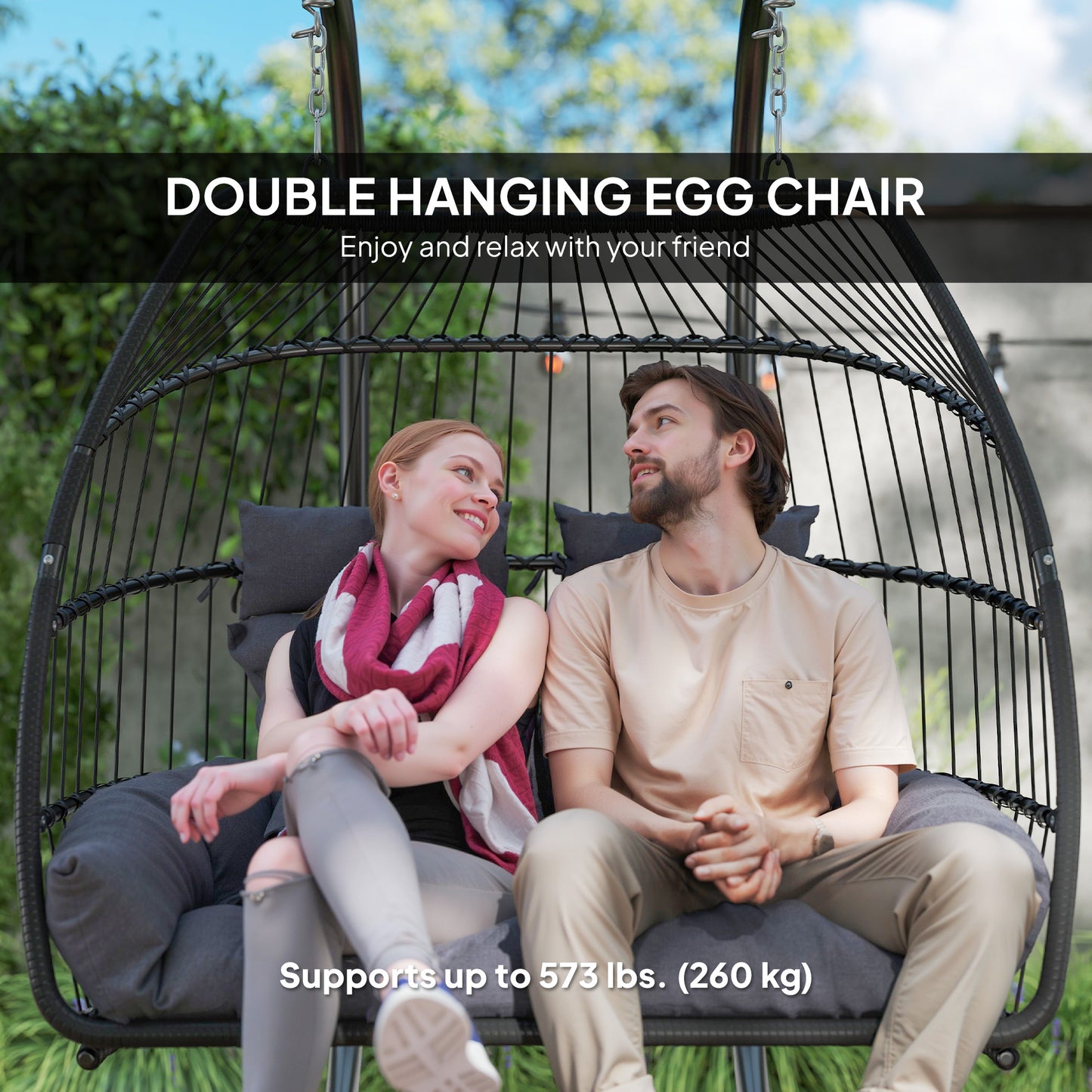 Double Wicker Egg Swing Chair with Stand, Foldable Hanging Egg Chair with UV Resistant Cushion, Headrest, Cream White