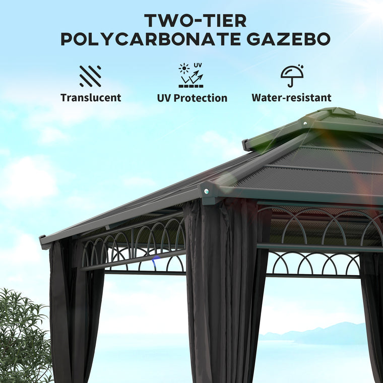10' x 10' Black Hardtop Gazebo with Double PC Roof & Curtains