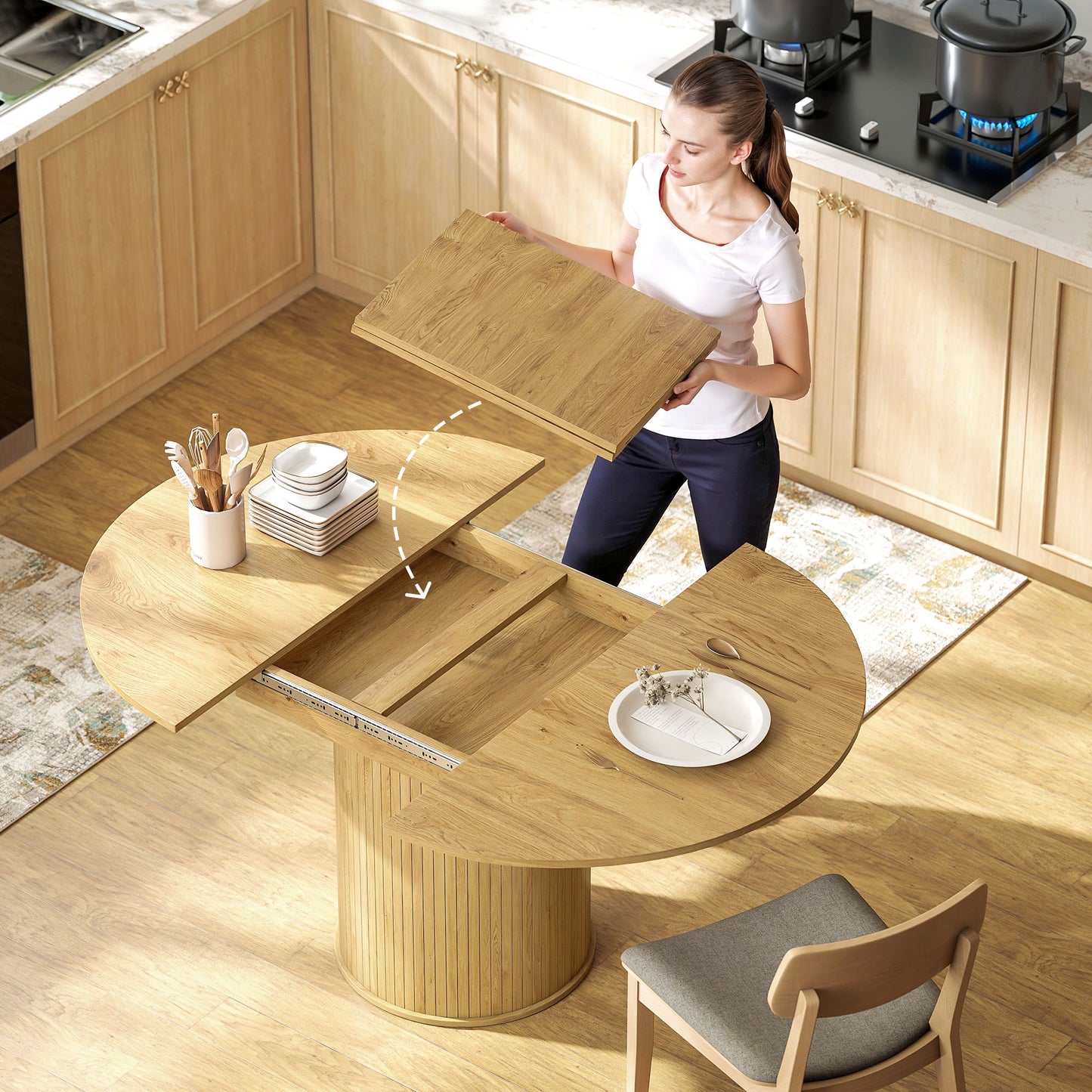 Extendable Kitchen Table for 6-8, 43.5"-59" Farmhouse Dining Table with Pedestal Base Natural Wood Finish