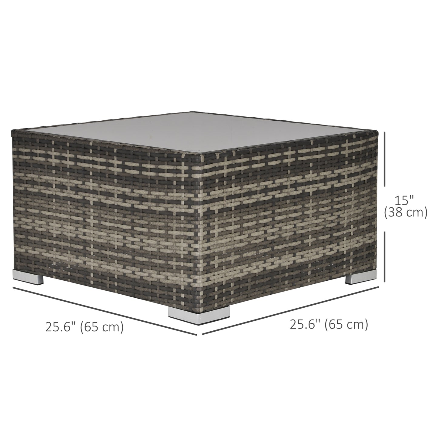 Rattan Garden Coffee Table, 25.6" Square Garden Rattan Table with Tempered Glass Top, Deep Grey