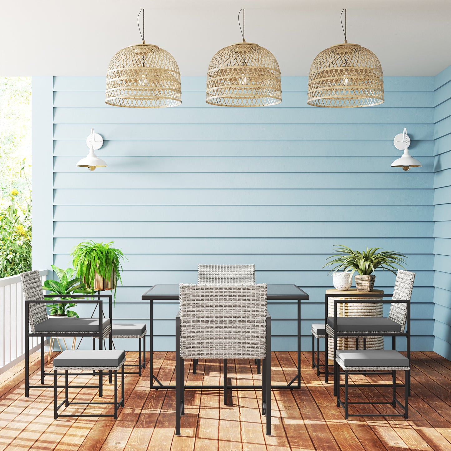 9 Pieces Wicker Patio Dining Set with 4 Armchairs, 4 Stools, Tempered Glass Top, Removable Cushions, Light Grey