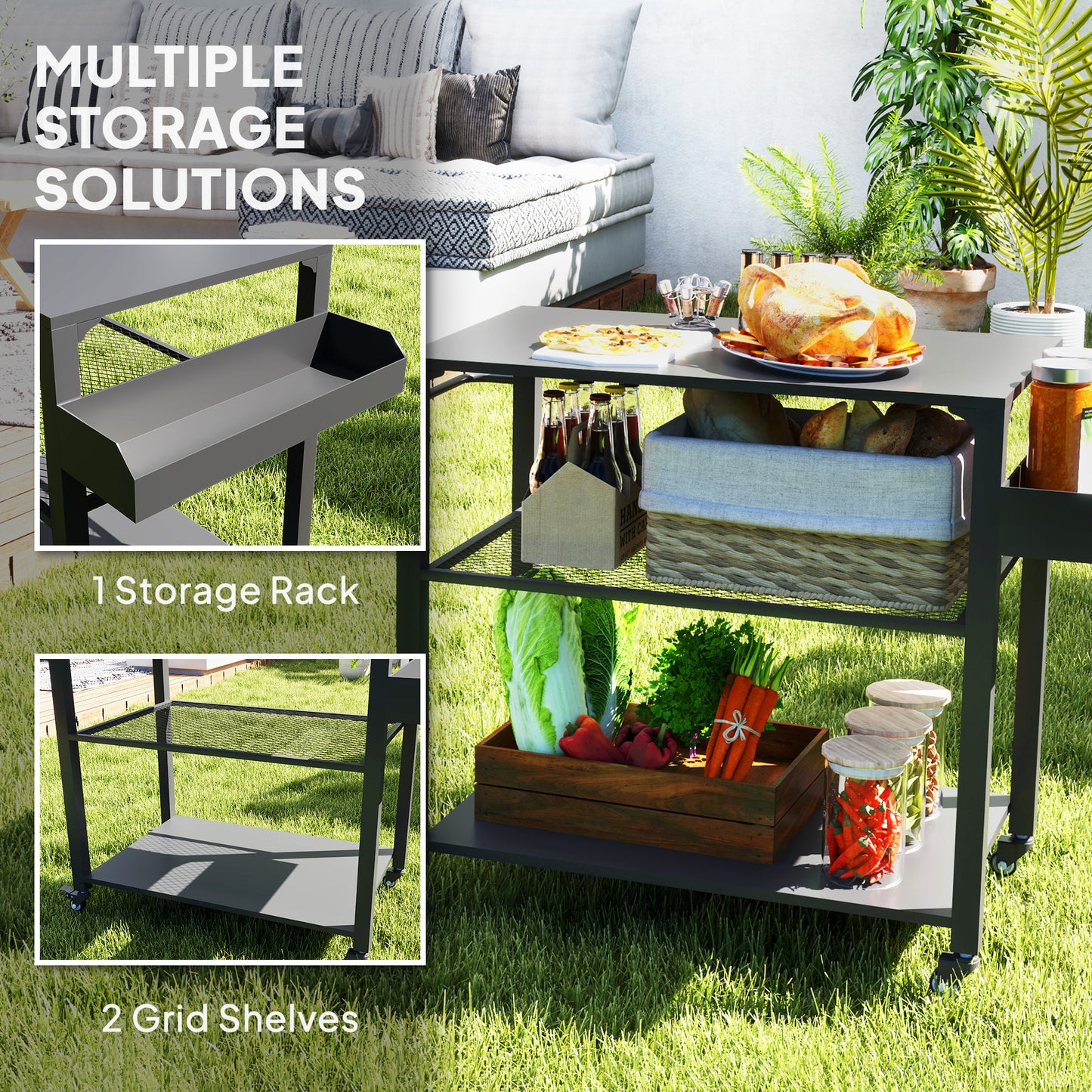 3-Tier Outdoor Grill Dining Cart with Storage Rack, Pizza Oven Stand with Side Handle, 4 Wheels for Backyard Party