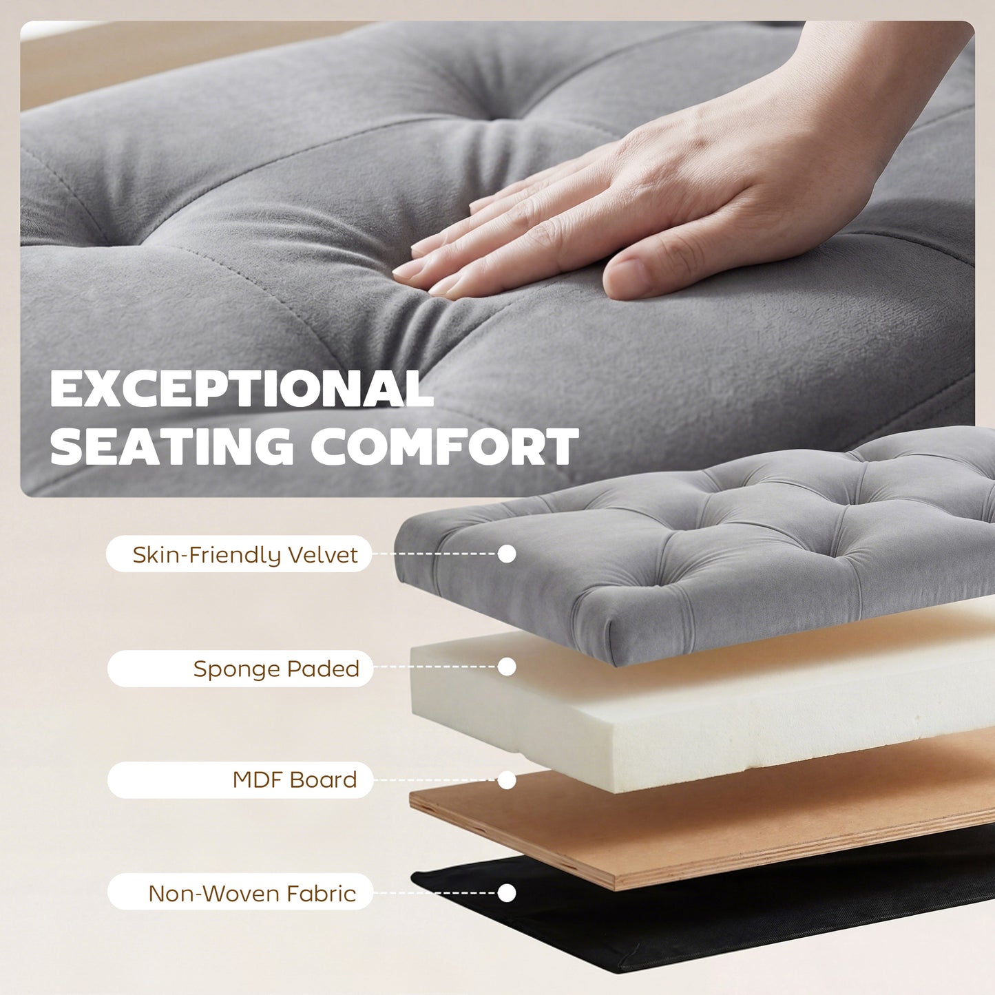 Upholstered Bedroom Bench with Gold Tone Metal Legs, Velvet Tufted and Thick Padding, Grey