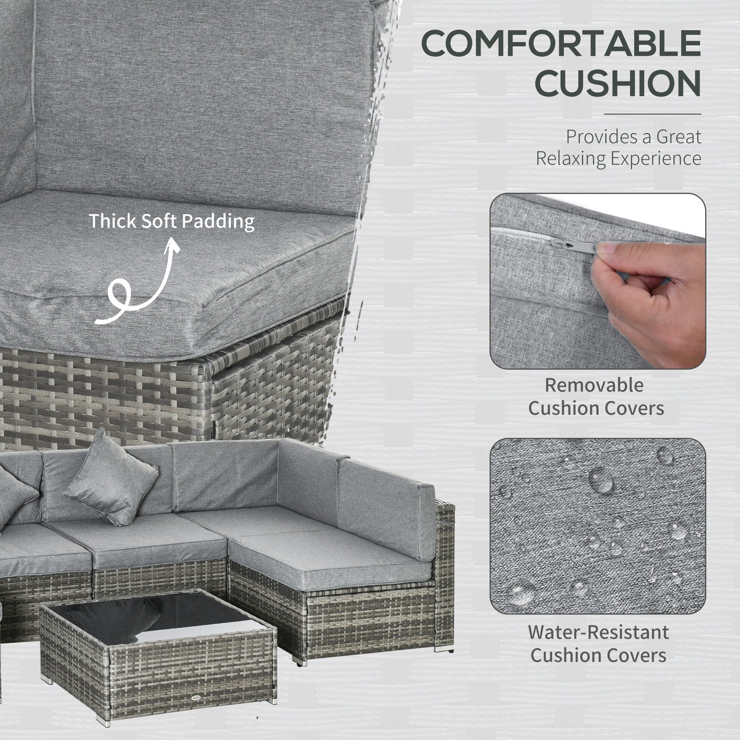 7pc Garden Wicker Sectional Set with Tea Table Patio Rattan Lounge Sofa Outdoor Deck Furniture Light Grey