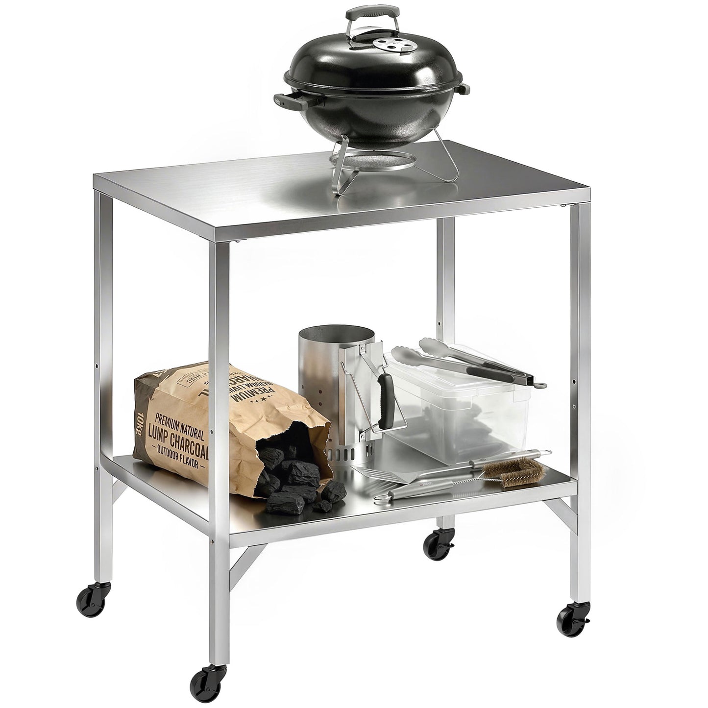 Outdoor Grill Cart with Stainless Steel Tabletop, Pizza Oven Stand with Shelf, Lockable Wheels, Rolling BBQ Table