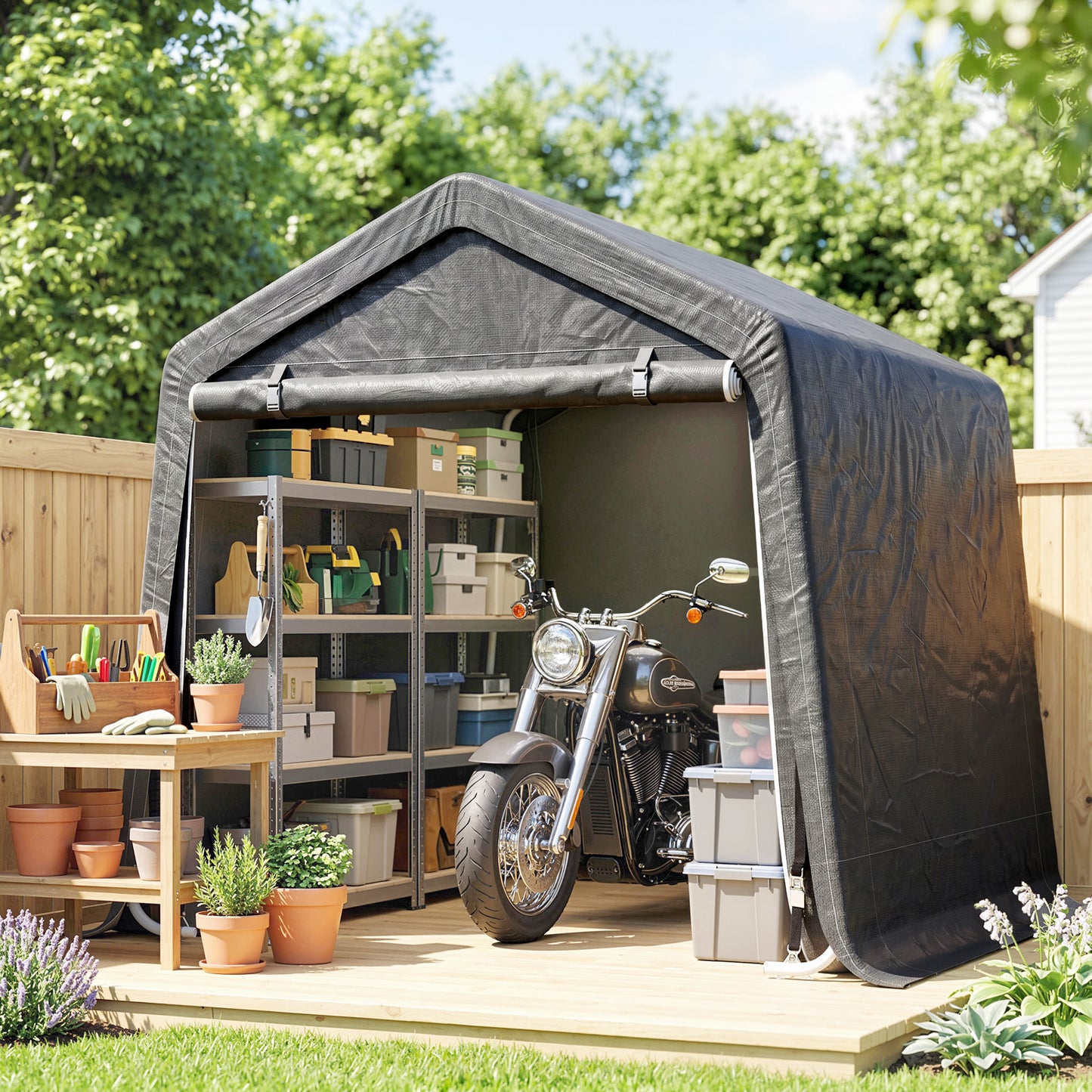 Garden Storage Tent, Patio Storage Shelter w/ Metal Frame and Double Zipper Doors, Green - 9.2' x 7.9'