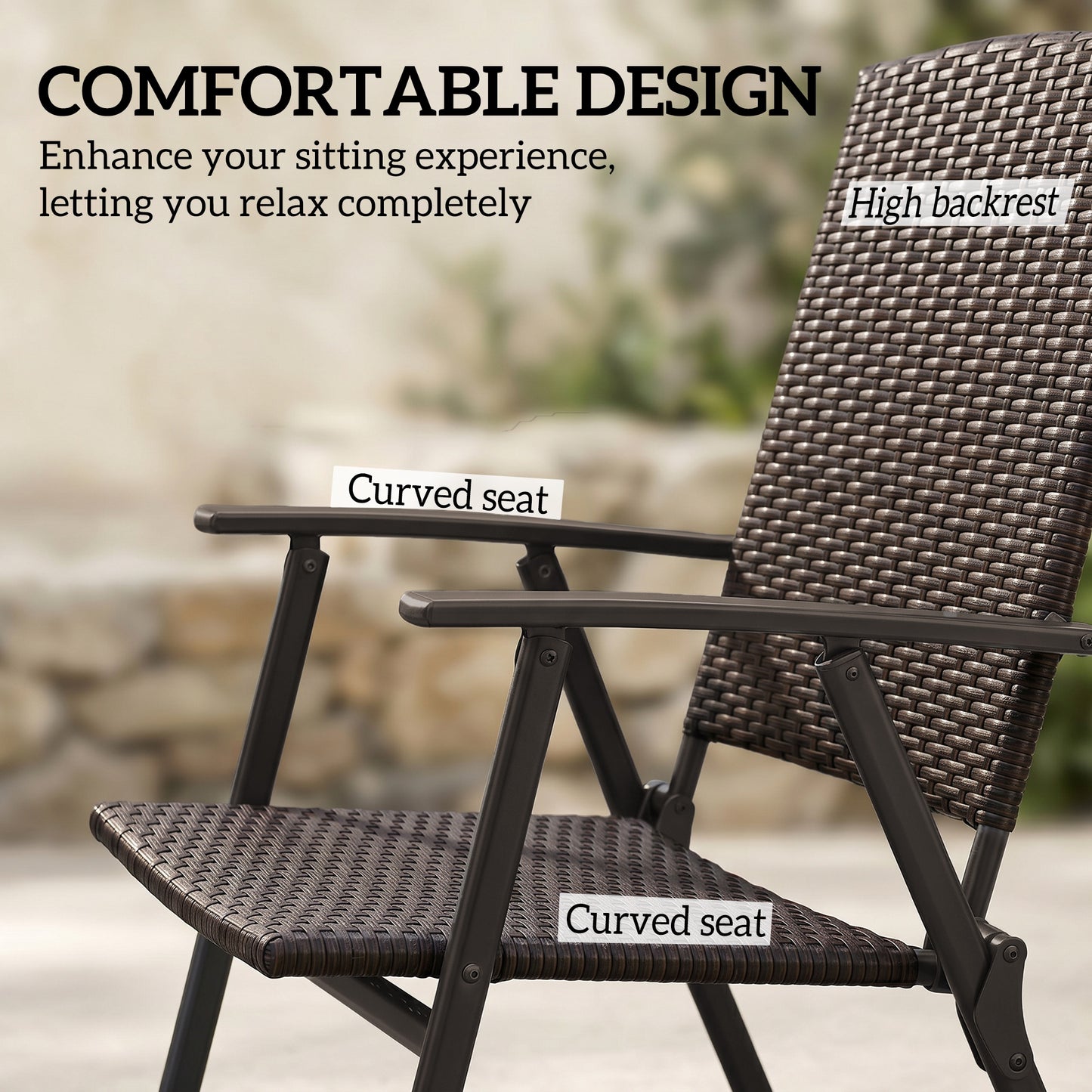 Outdoor Wicker Dining Chair Set of 2, 2 Pieces Rattan Foldable Chair with Steel Frame for Garden, Backyard, Porch, Brown