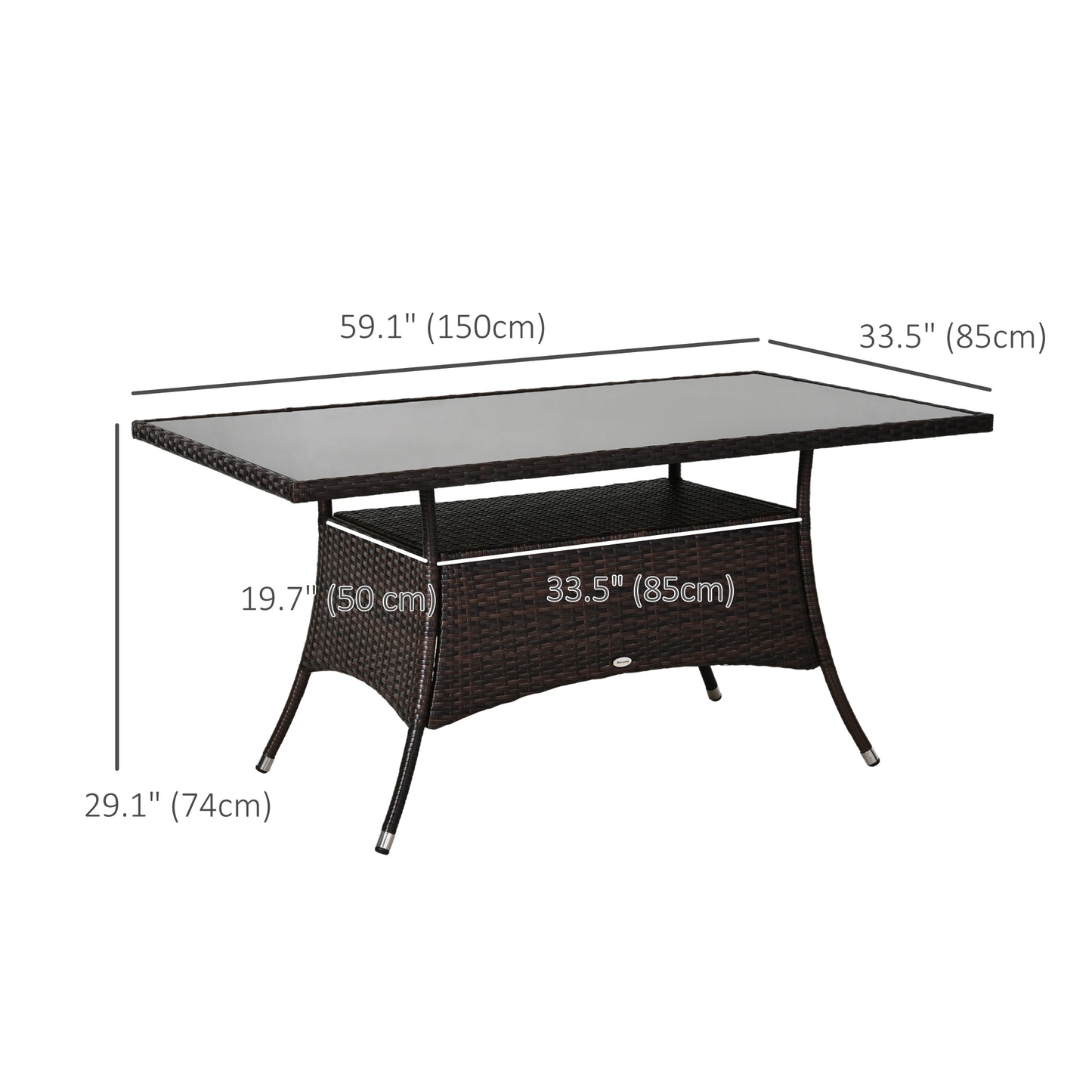 Garden Dining Table, Patio Rattan Dining Table with Glass Top, Storage Shelf for Yard, 59" x 34" x 29", Brown