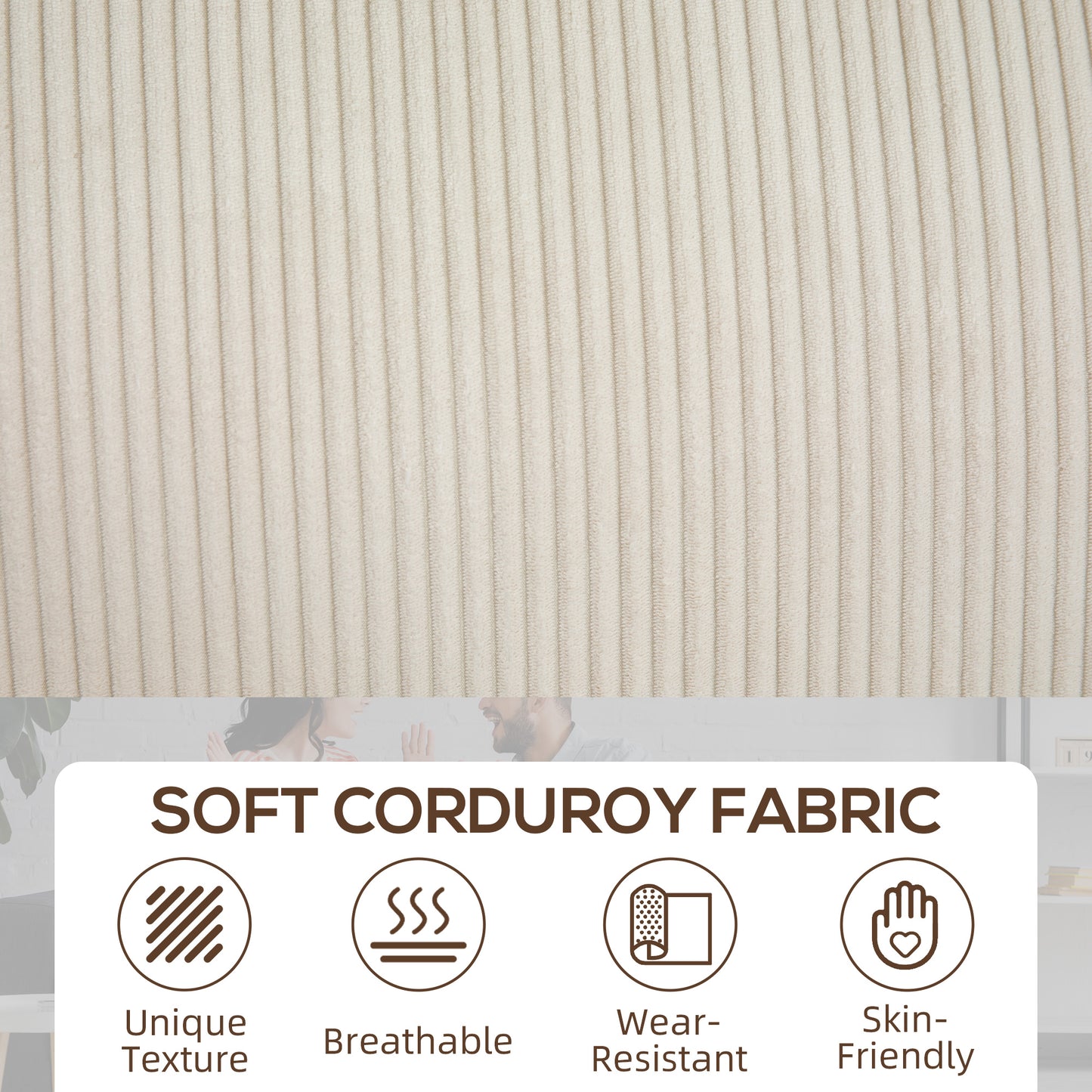Three Seater Sofa, Fabric 3 Seater Couch with Spring Cushion and Cup Holders for Living Room, Bedroom, Cream White