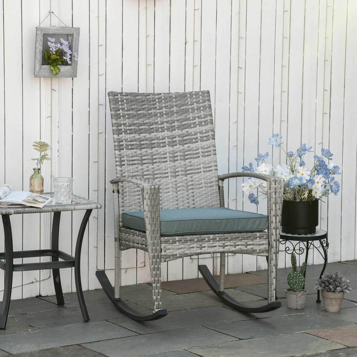 Outdoor PE Rattan Rocking Chair, Garden Glider Rocking Chair, Wicker Patio Chair Set with Armrest and Cushion, Grey