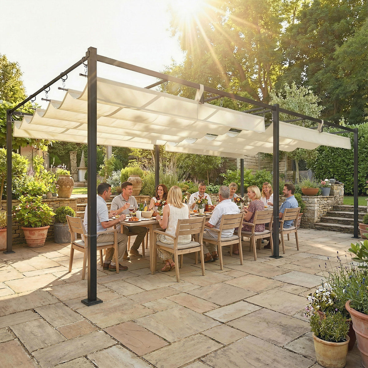19' x 10' Pergola with Retractable Canopy, Patio Pergola with Sun Shade Shelter, UV50+, for Patio, Garden, Cream
