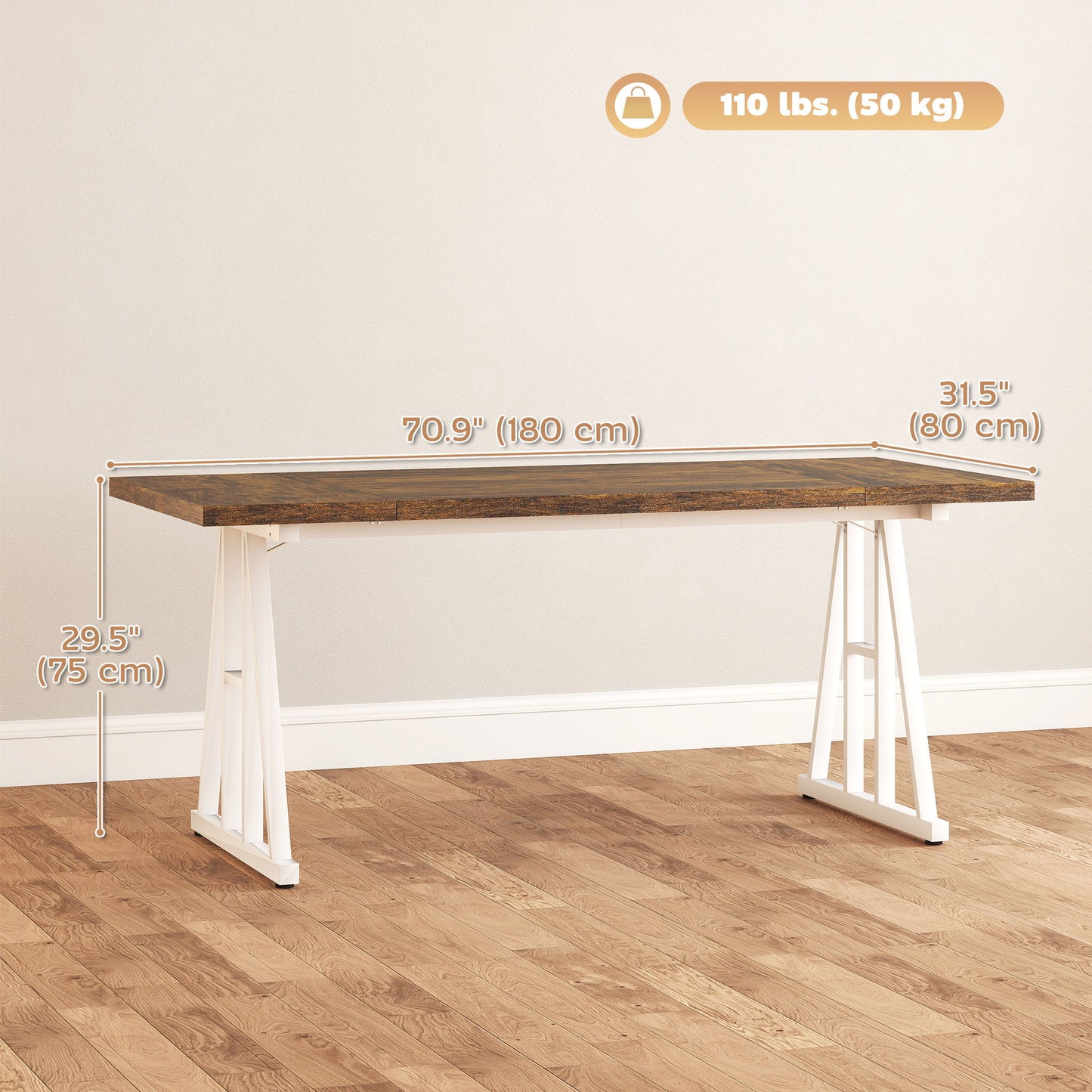 Farmhouse Kitchen Table for 8, Rectangular Dining Table with Thick Tabletop and Steel Trestle Legs, Brown and White