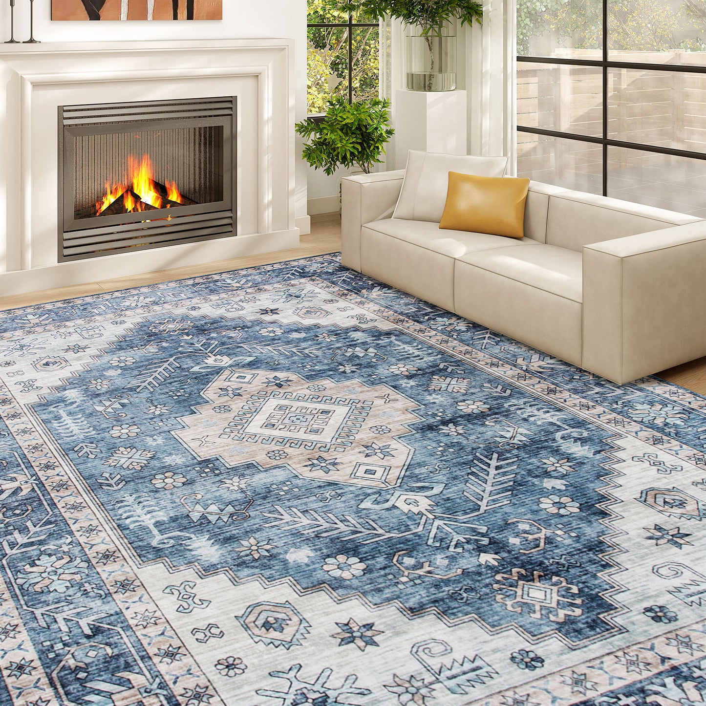 8x10 Area Rug, Vintage Machine Washable Rug, Non-Slip Floor Carpet for Living Room, Bedroom, Dining Room, Blue