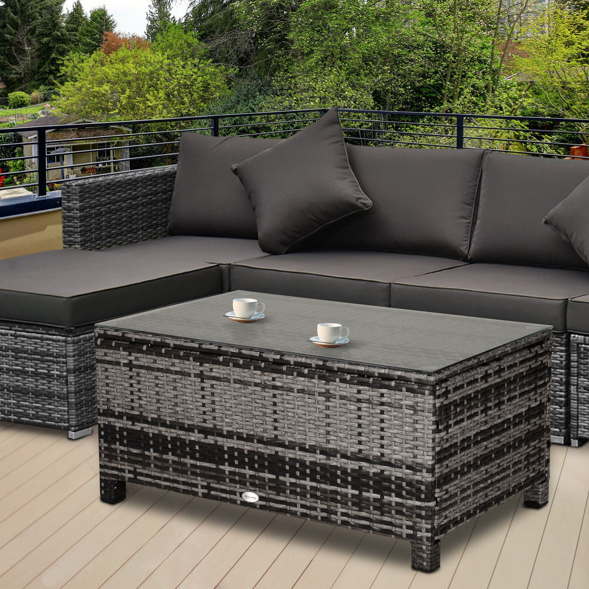Outdoor PE Rattan Wicker Table, Patio Garden Side Table w/Glass Top for Patio, Balcony, Mixed Grey