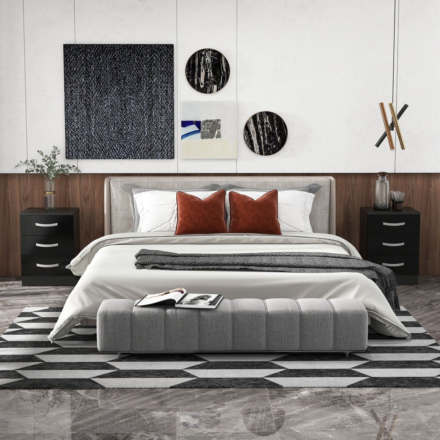 Nightstand Set of 2 with High-Gloss Drawers - Black